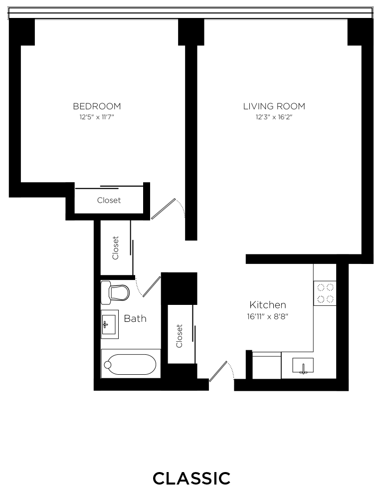 Floor plan for 1 bed, 1 bath, 520 sqft